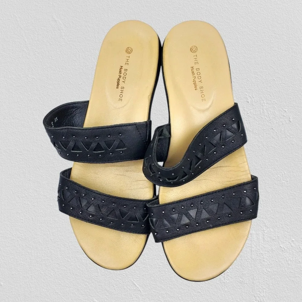 Hush Puppies Womens Lyricale 2 Band Black Leather Laser Cut Wedge Sandals Size 7
